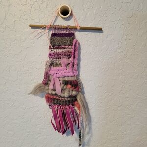 Handmade Purple, Cranberry, Grey Loom Woven Wall Hanging 4" x 14.5" Fiber Art
